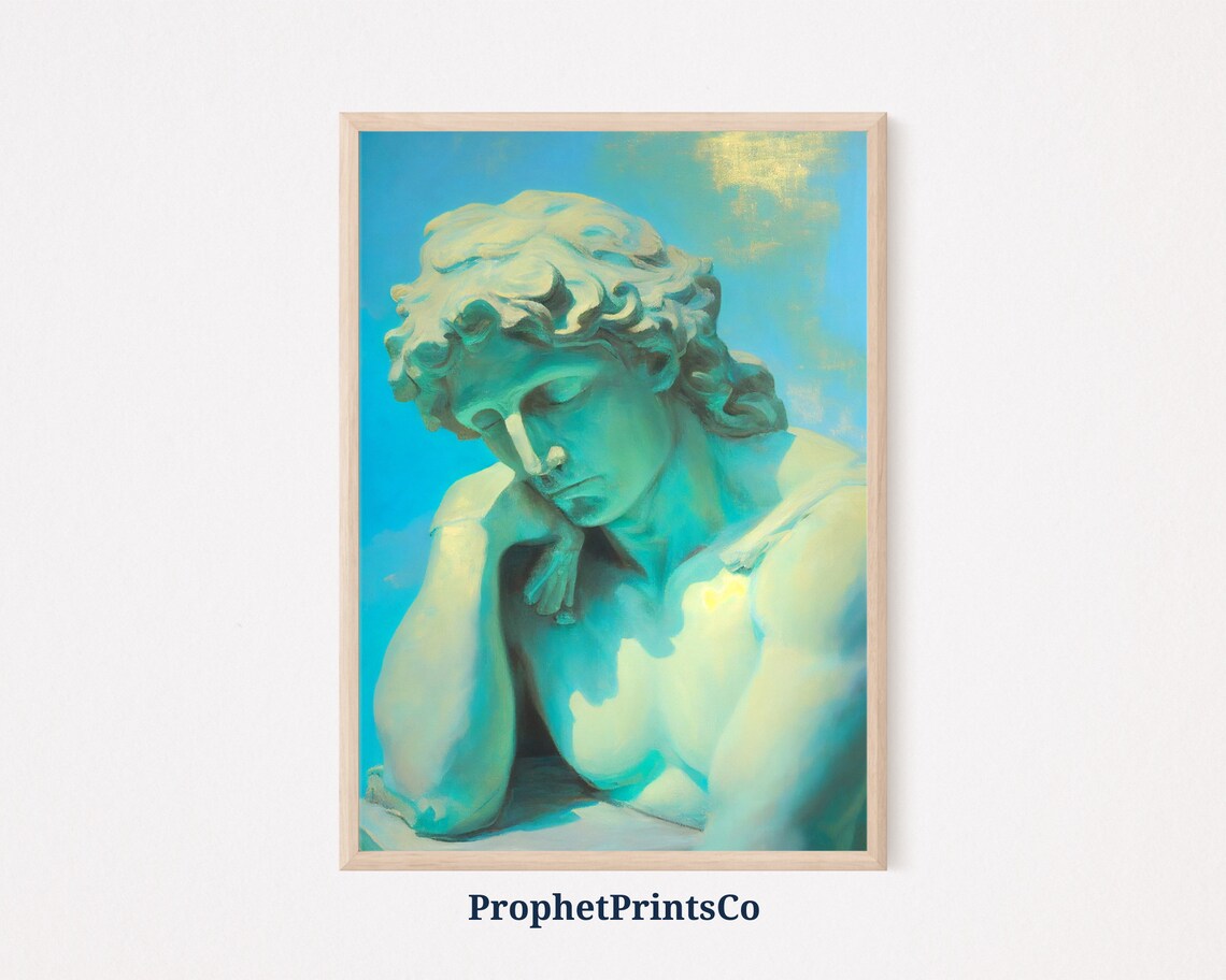 Greek Statue Head Against a Turquoise Sky Oil Painting Poster