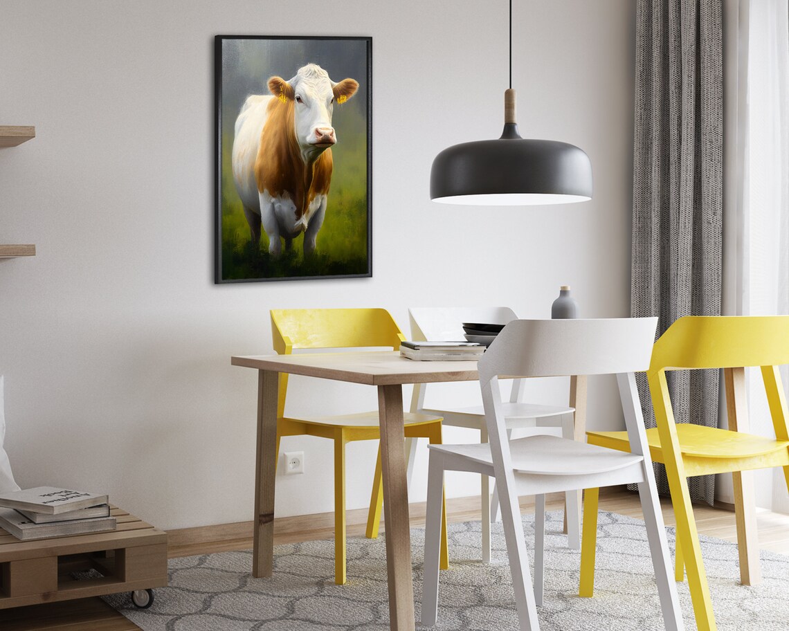 Brown and White Cow Standing in a Green Pasture Oil Painting Poster - Image 2