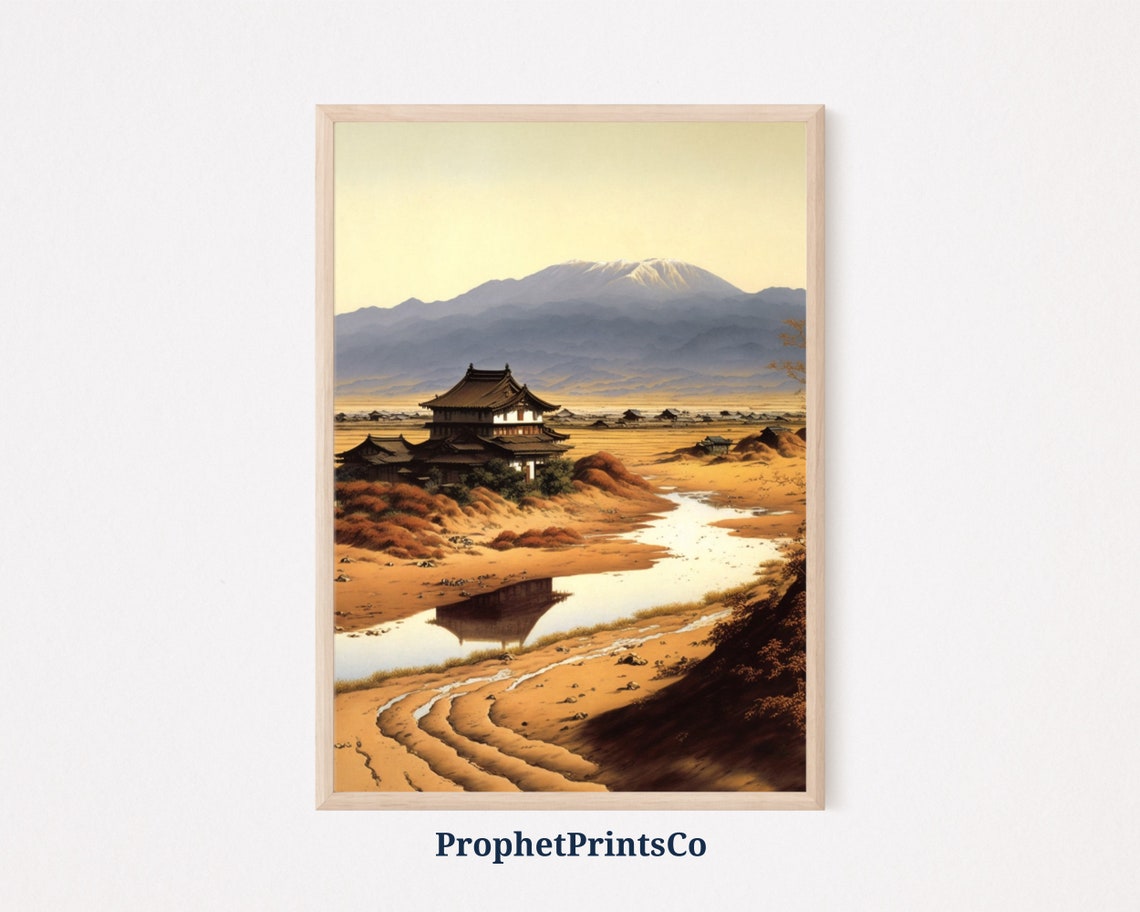 Serene Japanese Temple by River With Snow Mountain Behind Poster