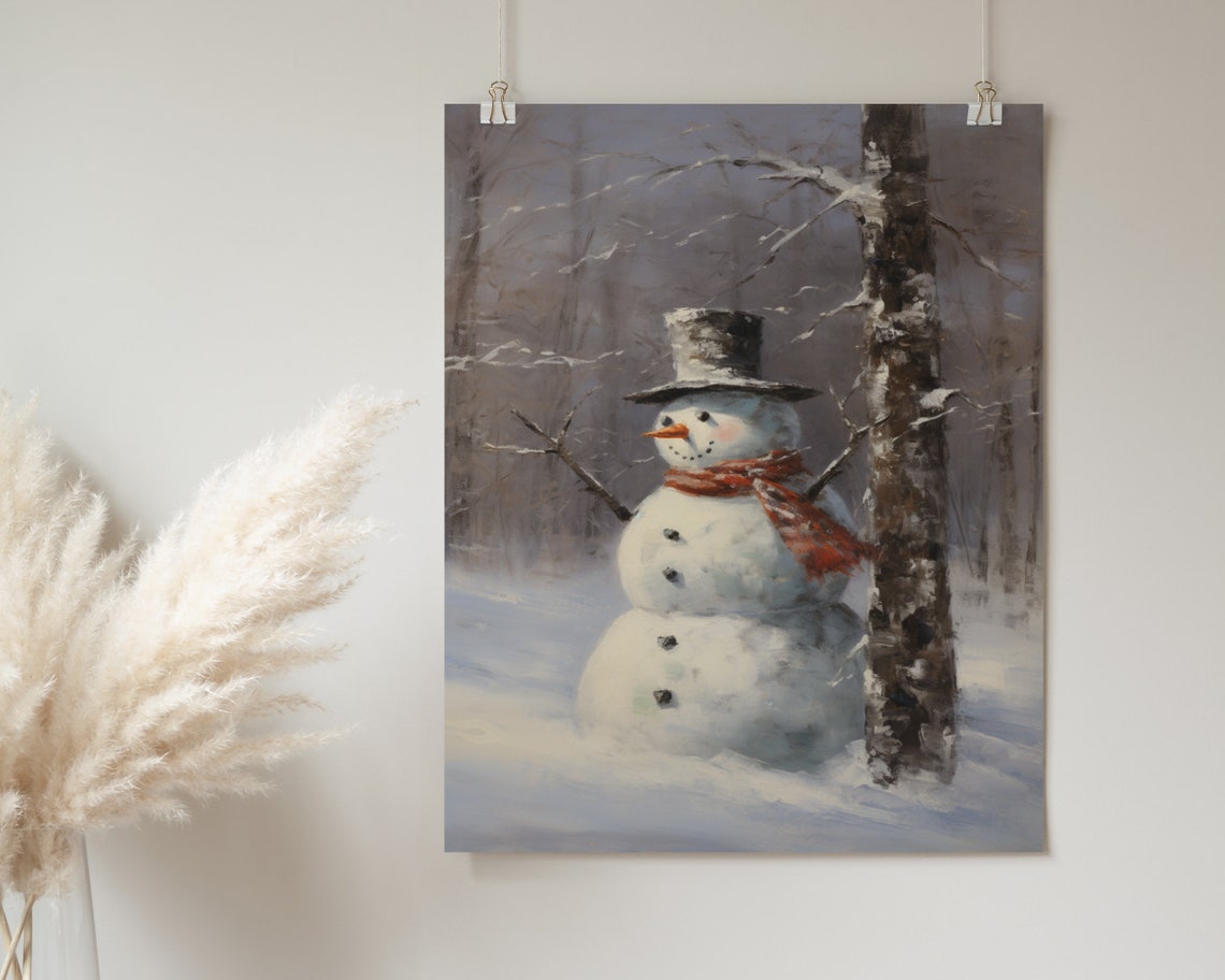 Snowman Red Scarf Birch Tree Snowy Forest Rustic Christmas Poster - Image 2