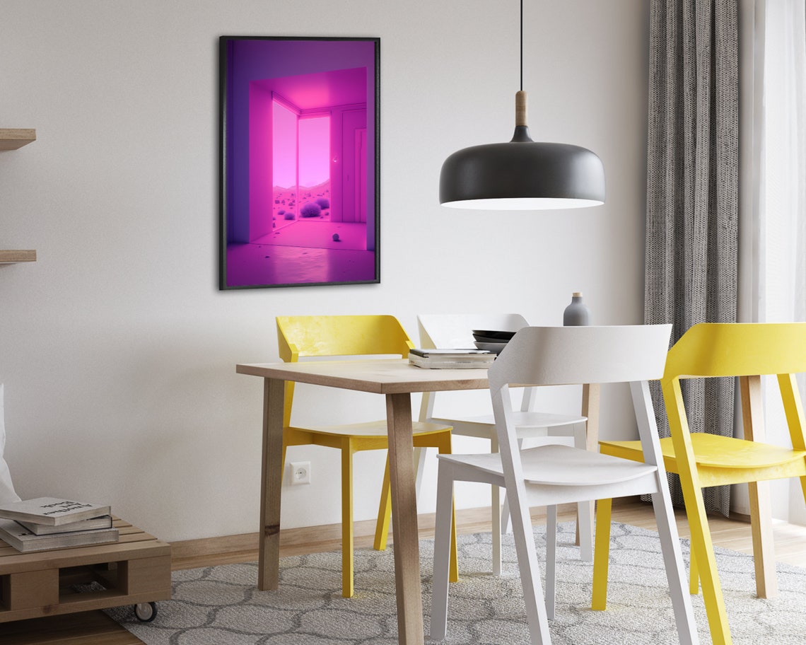 Neon Magenta Minimalist Room Desert View Surreal Interior Poster - Image 2