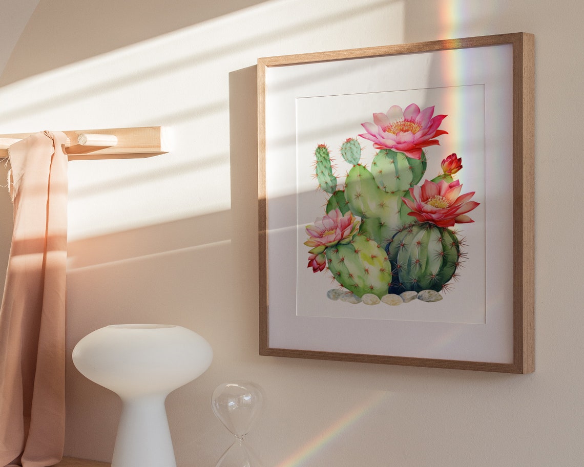 Blooming Cactus Pink Flowers Watercolor Botanical Art Poster - Image 3