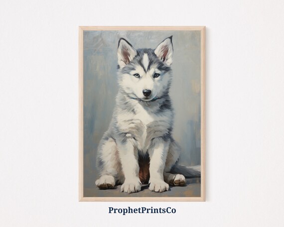 Siberian Husky Puppy Sitting Portrait Soft Gray Vintage Puppy Painting Poster