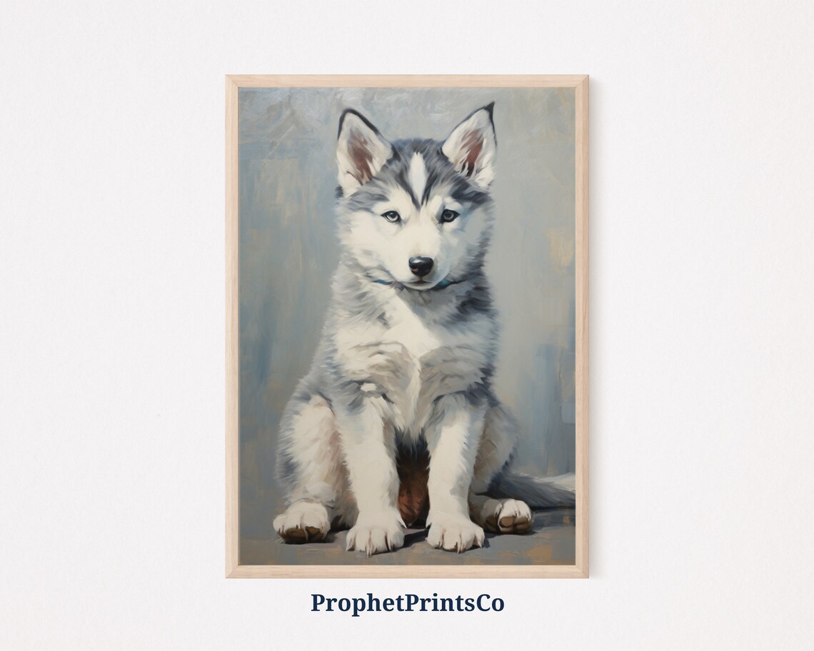 Siberian Husky Puppy Sitting Portrait Soft Gray Vintage Puppy Painting Poster