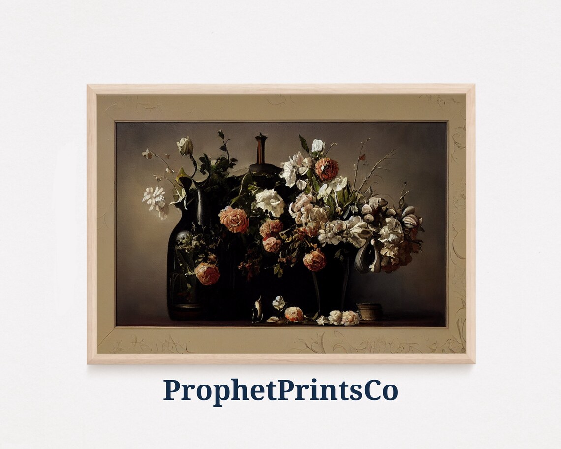 Vintage Moody White Roses Peonies Still Life Oil Painting Poster