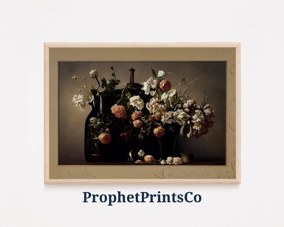 Vintage Moody White Roses Peonies Still Life Oil Painting Poster