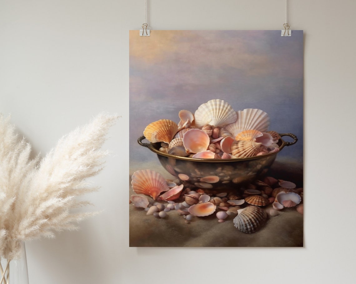 Overflowing Shell Bowl Pink Scallops Beach Sand Still Life Poster - Image 2