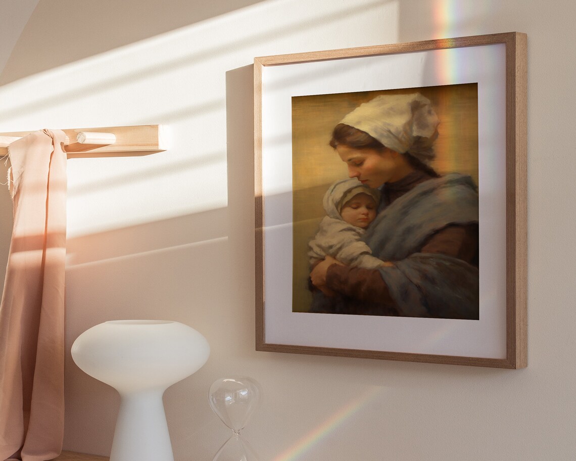 Mother Holding Sleeping Baby White Cap Tender Oil Painting Poster - Image 3