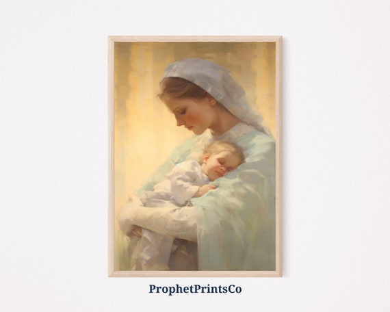 Soft Tonal Mother Oil Painting Print Nursery Wall Art Gift For New Mom Christian Home Decor Wall Art