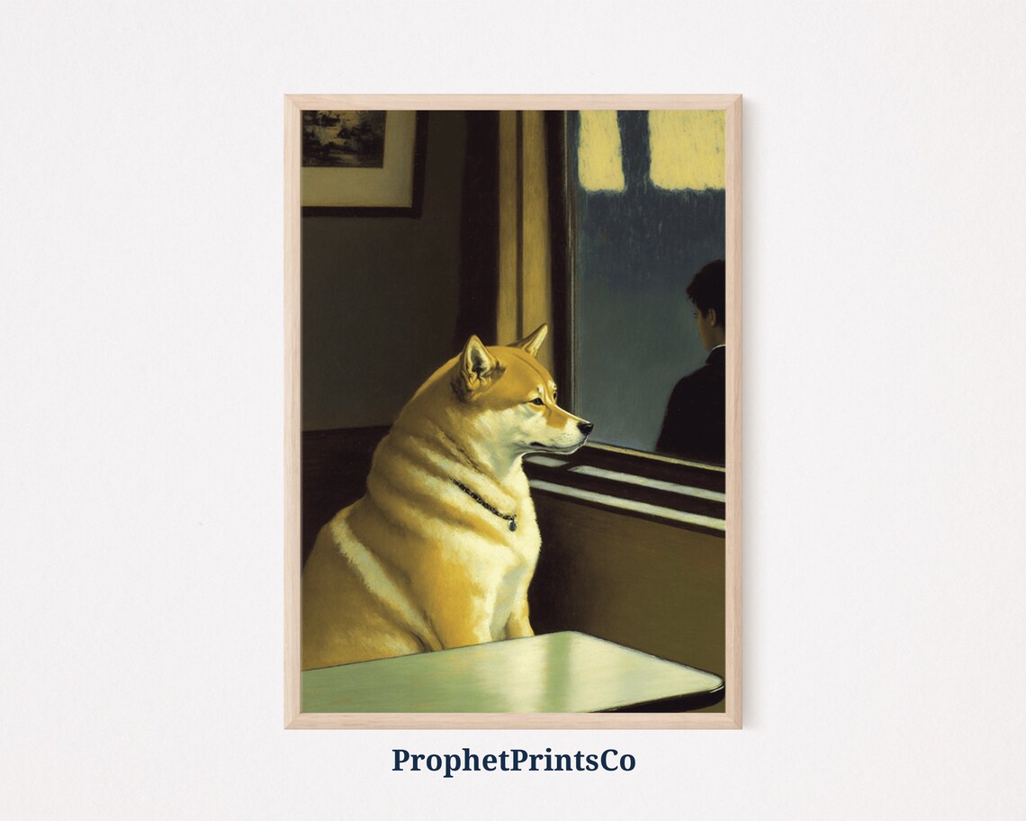 Lonely Shiba Inu Waiting by Night Window Cute Dog Portrait Poster