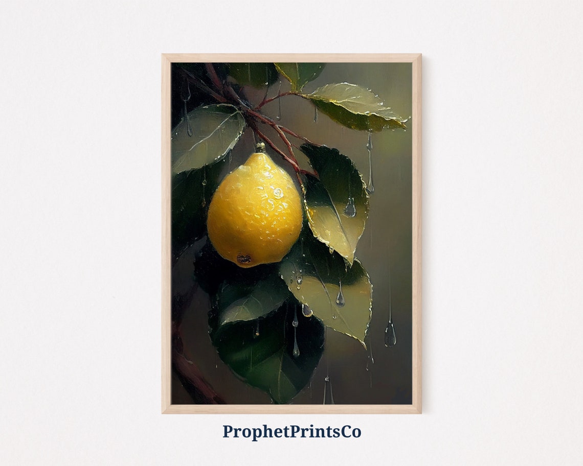 Ripe Lemon with Water Drops on a Branch Dark Botanical Poster