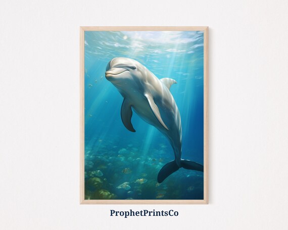 Dolphin Gliding Under Sunbeams with Fish Dreamy Underwater Ocean Painting Poster