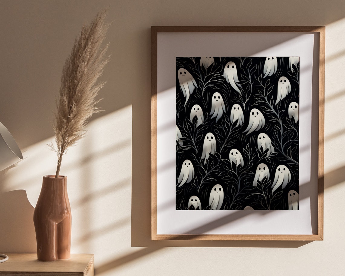 Cute Ghosts Pattern On Black Botanical Night Halloween Art Poster - Image 4