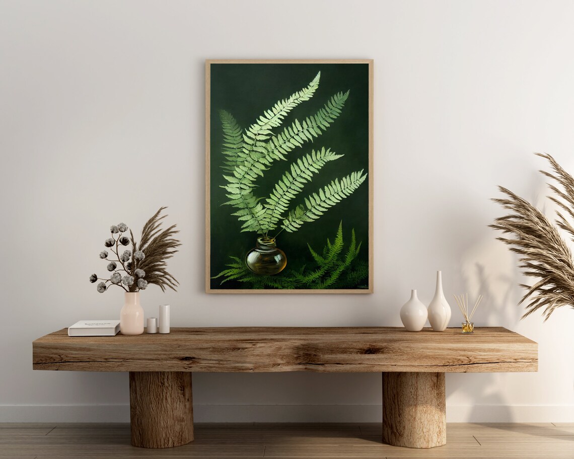 Fern Fronds in Glass Vase Dark Green Botanical Oil Painting Art Poster - Image 3