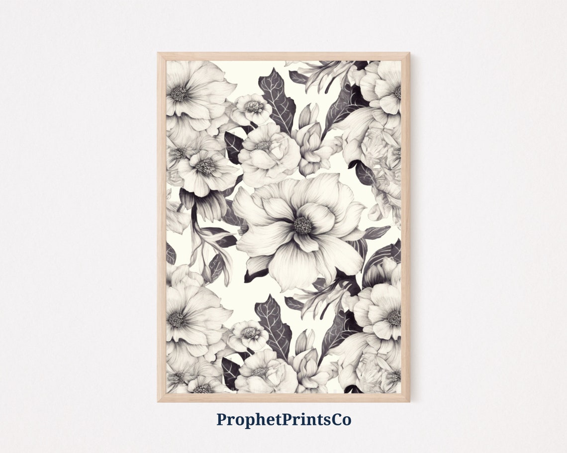 Grey Floral Sketch Pattern on Cream Vintage Botanical Poster