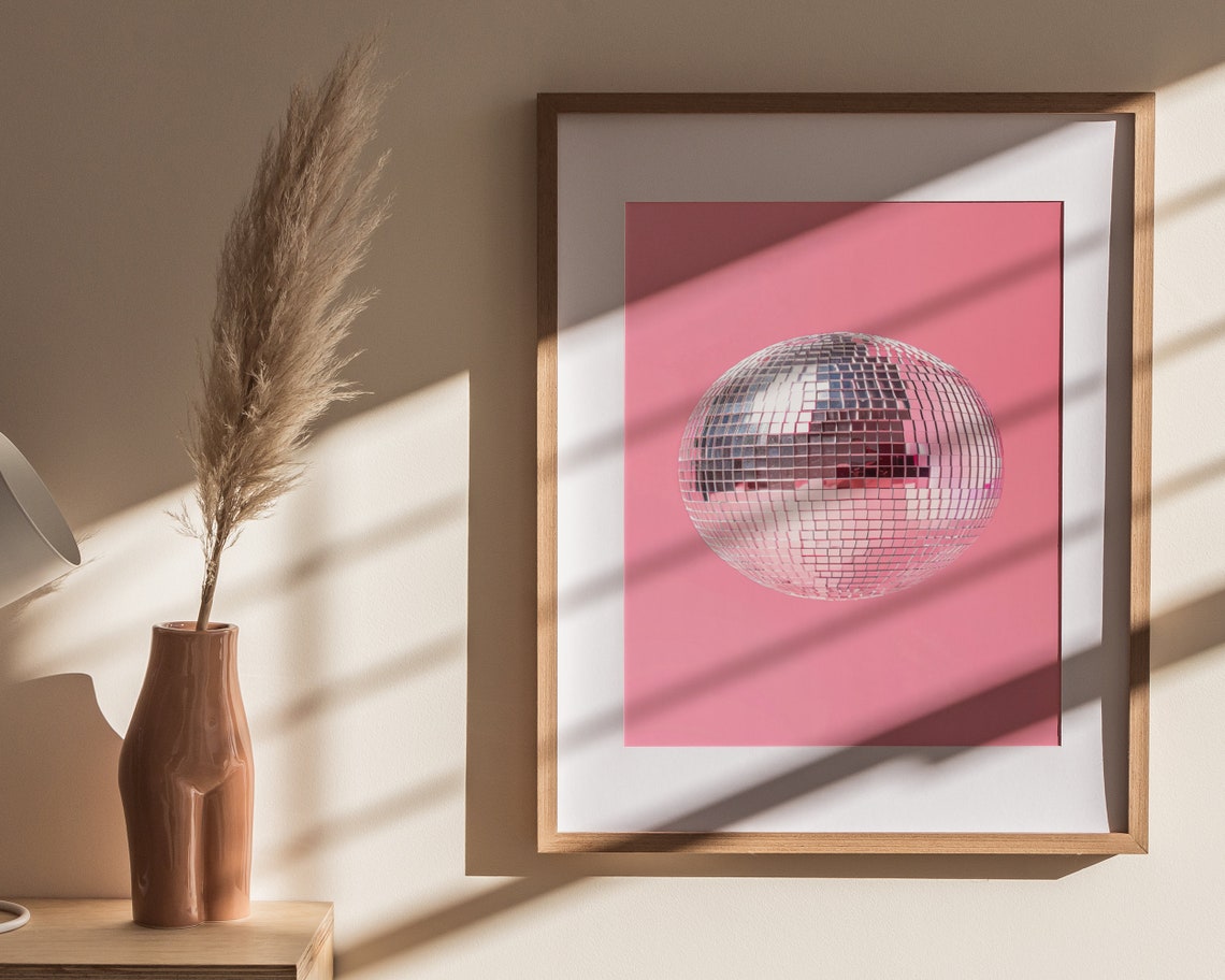 Disco Ball Close Up Pink Background Retro Party Shimmer Decor Poster - Image 4