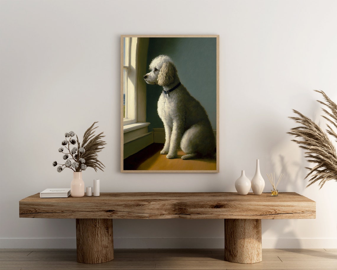 White Poodle At Sunlit Window With Collar Thoughtful Dog Poster - Image 3