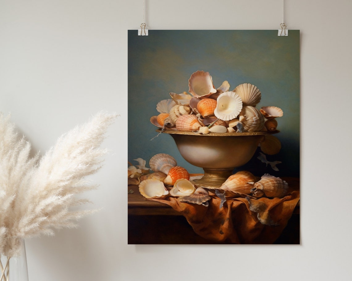 Golden Bowl of Seashells Rust Cloth Warm Still Life Art Poster - Image 2