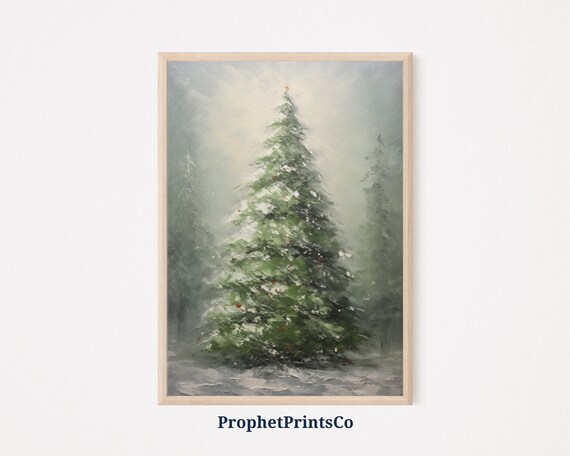Snowy Christmas Tree Red Berries Misty Winter Oil Painting Poster