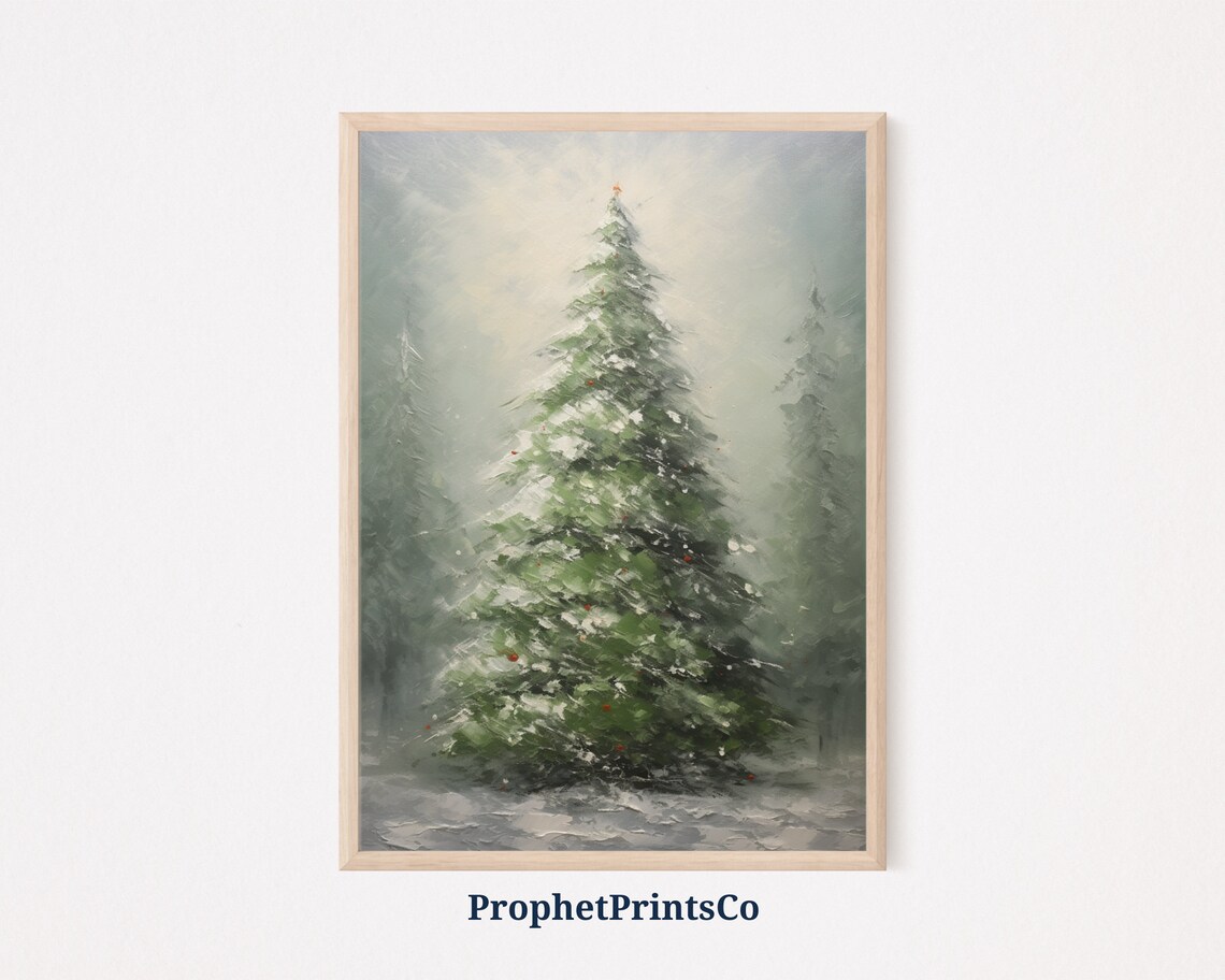Snowy Christmas Tree Red Berries Misty Winter Oil Painting Poster