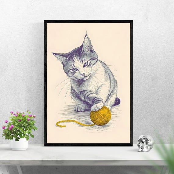 Cat And Yellow Yarn Wall Art High Resolution 300 Dpi