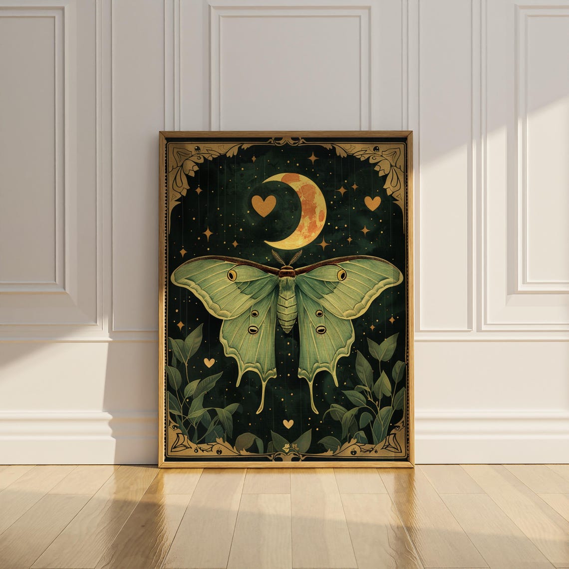Green Luna Moth With Orange Moon Gold Hearts Dark Art Poster - Image 3