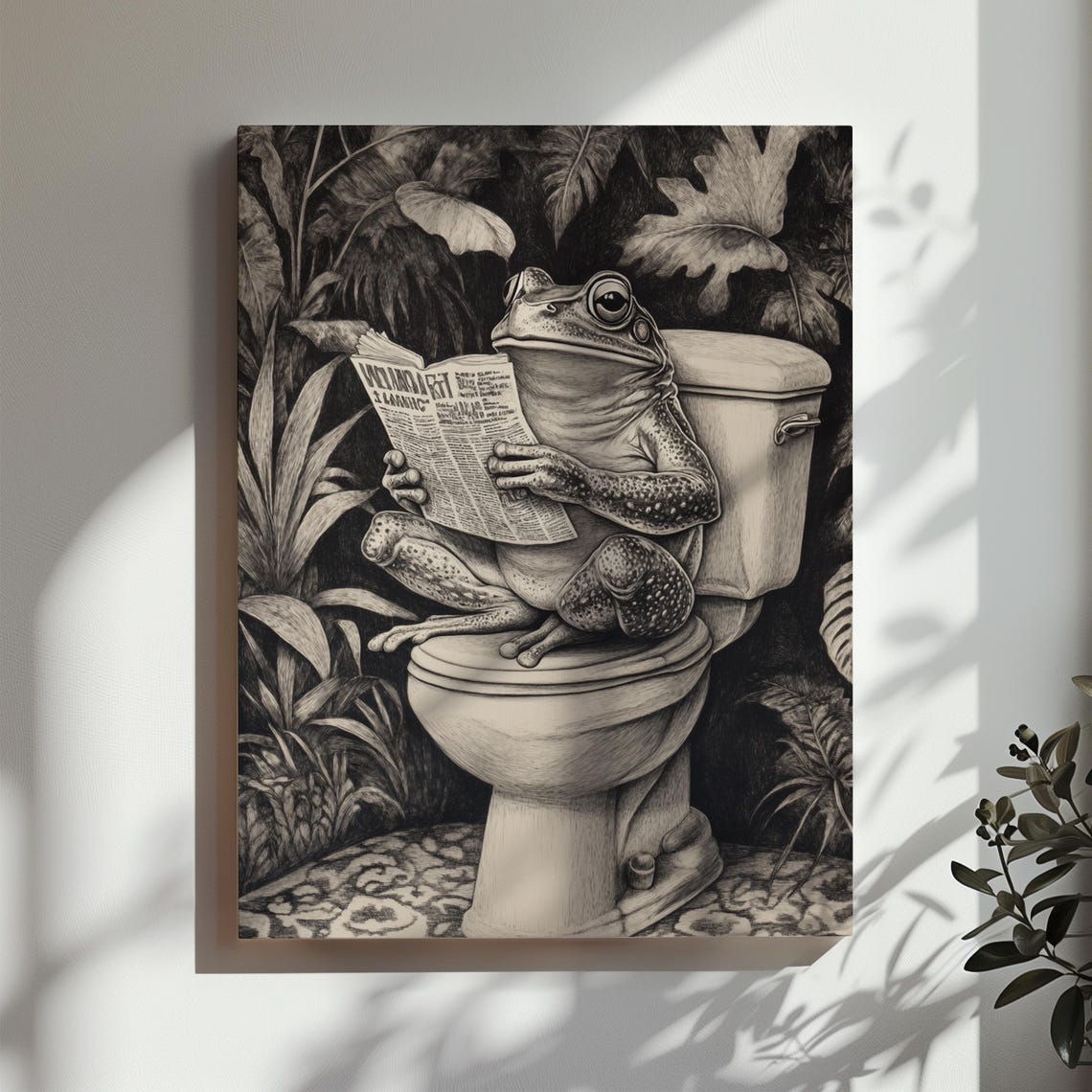Old Engraving Toad on Toilet With Newspaper Monochrome Jungle Poster - Image 2