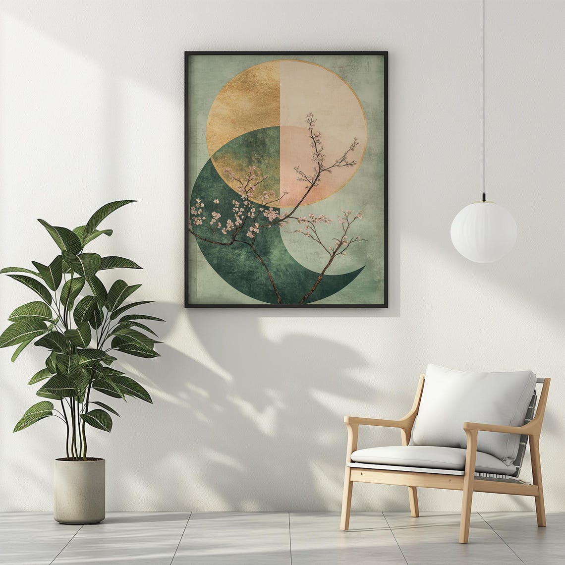Cherry Blossom Branch and Crescent Moon Japandi Minimalist Poster
