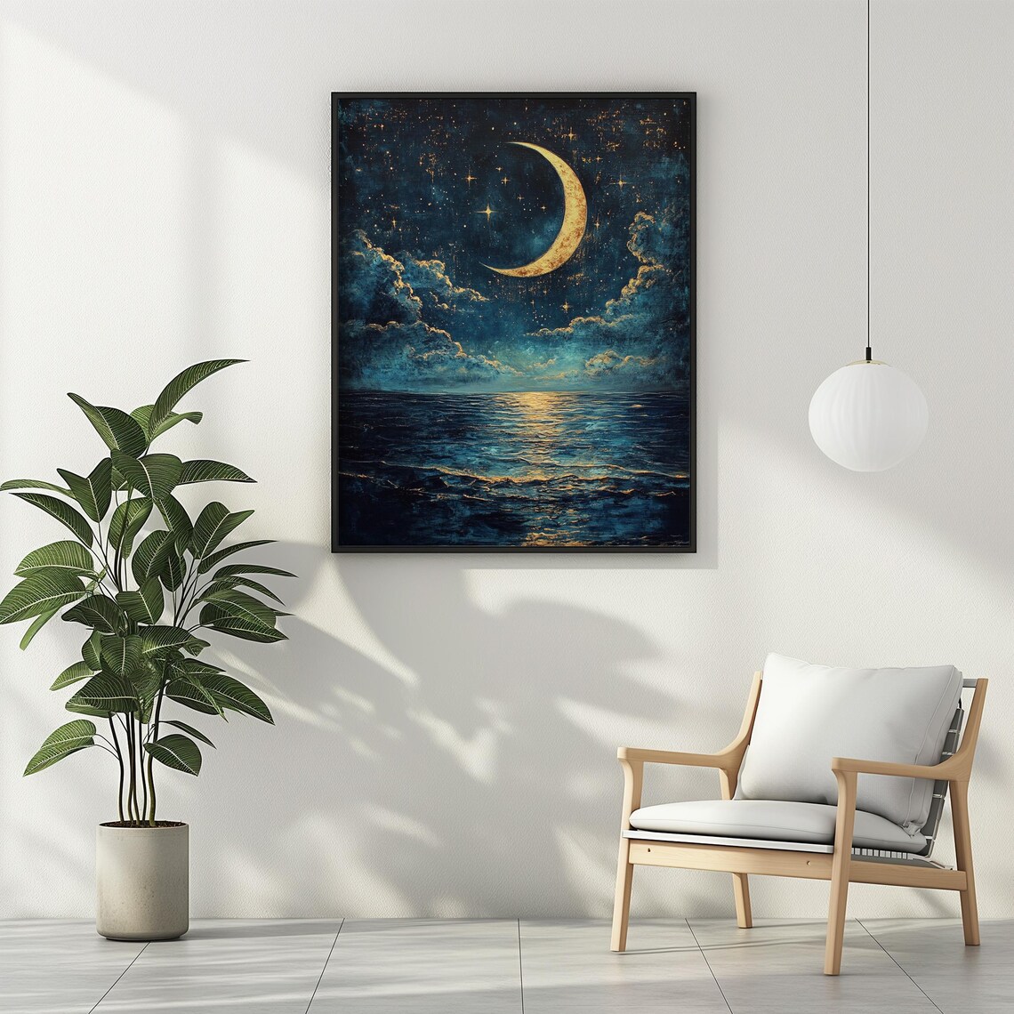 Gold Crescent Moon Over Night Ocean Starry Sky Seascape Wall Art - Image 2