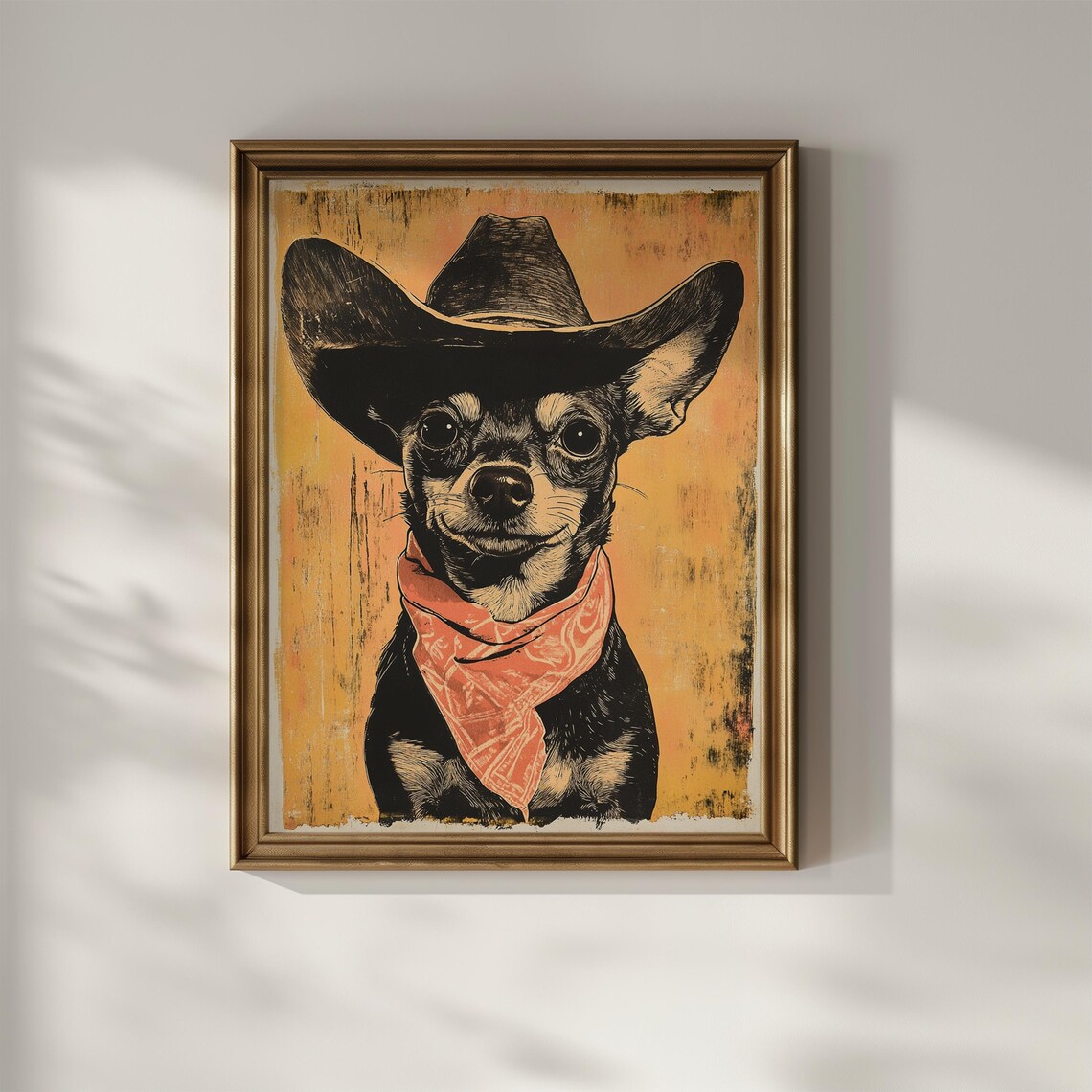 Chihuahua Cowboy Hat Bandana Western Linocut Dog Wall Art Poster - Image 3