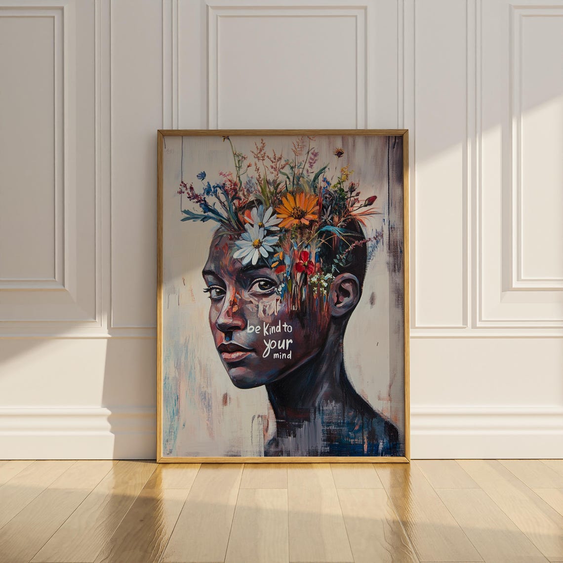 Be Kind To Your Mind Poster Print Wall Art Mental Health African Woman Wildflower Floral Positivity Therapy Wall Decor Gifts Matte Poster - Image 2