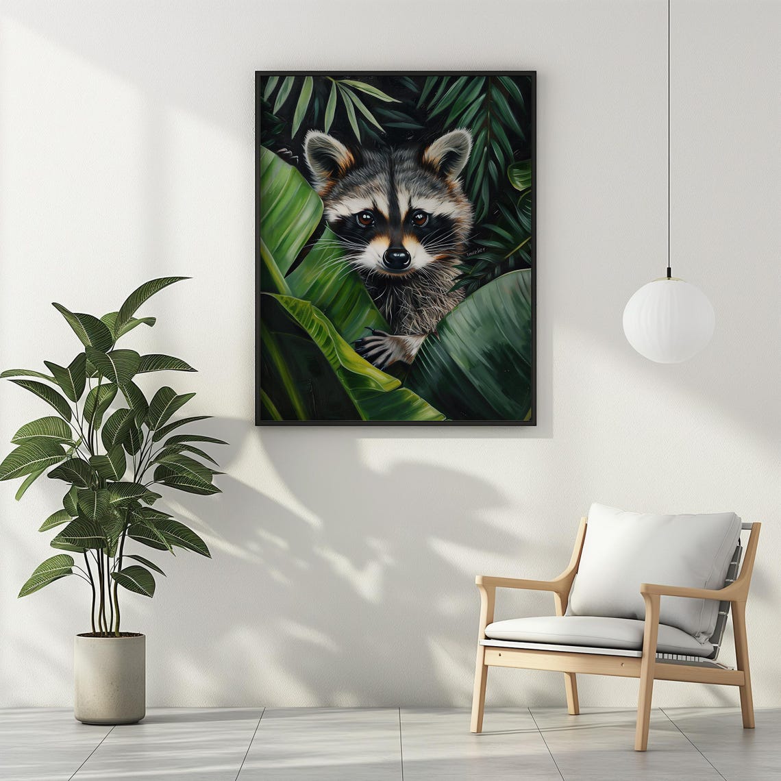 Raccoon Jungle Wall Decor Funny Raccoon Botanical Wall Art Tropical Plants Gift Idea Dark Green Bathroom Art - Image 2