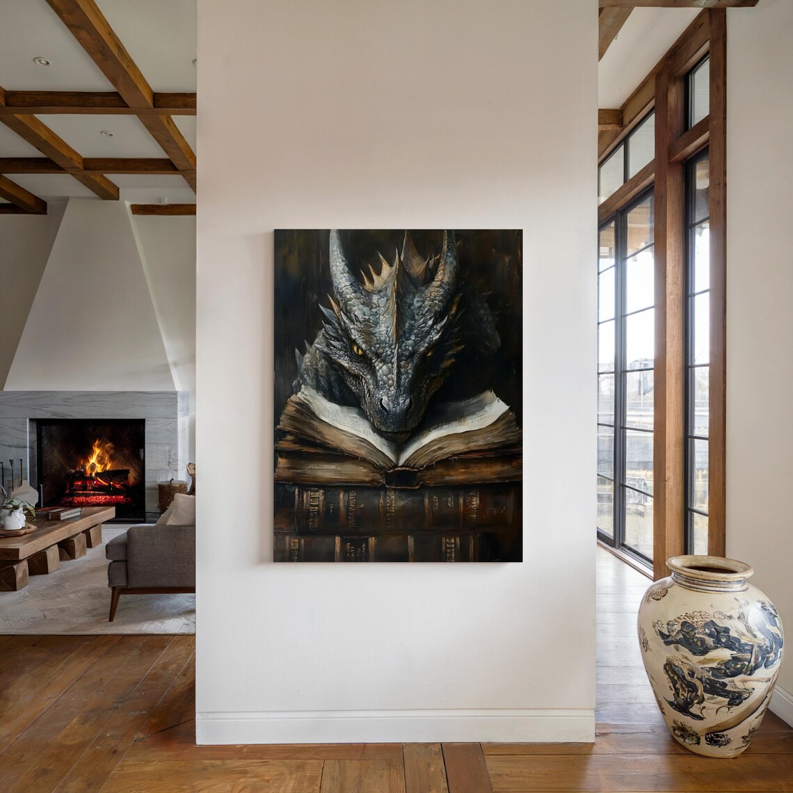 Majestic Book Dragon Dark Academia Fantasy Vintage Oil Art Poster - Image 3