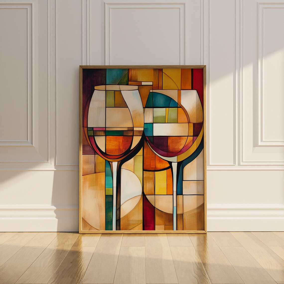 Stained Glass Mosaic Wine Glasses Warm Amber Cubist Art Poster - Image 3