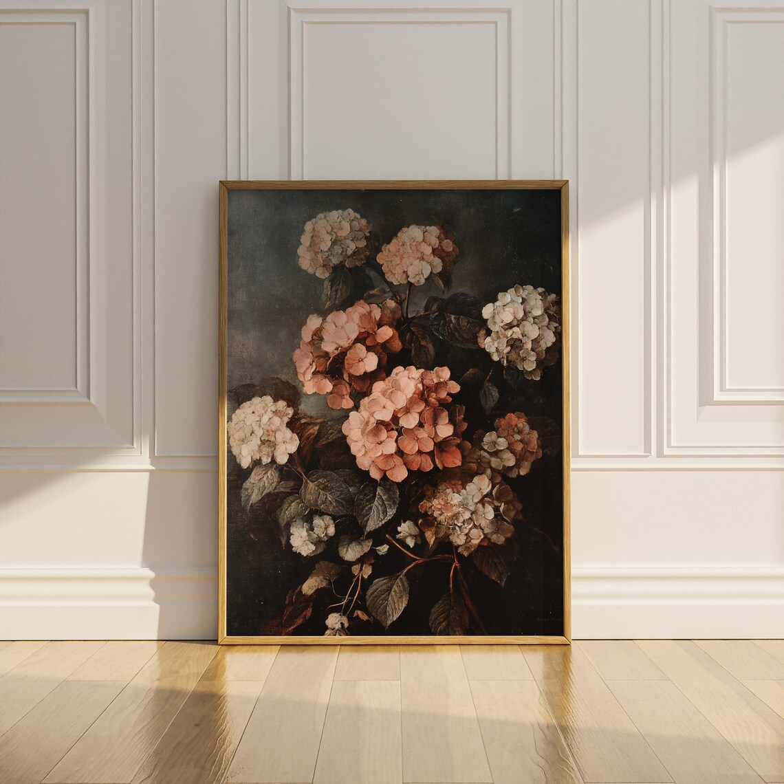Hydrangea Bouquet Dark Moody Vintage Floral Oil Painting Still Poster - Image 2