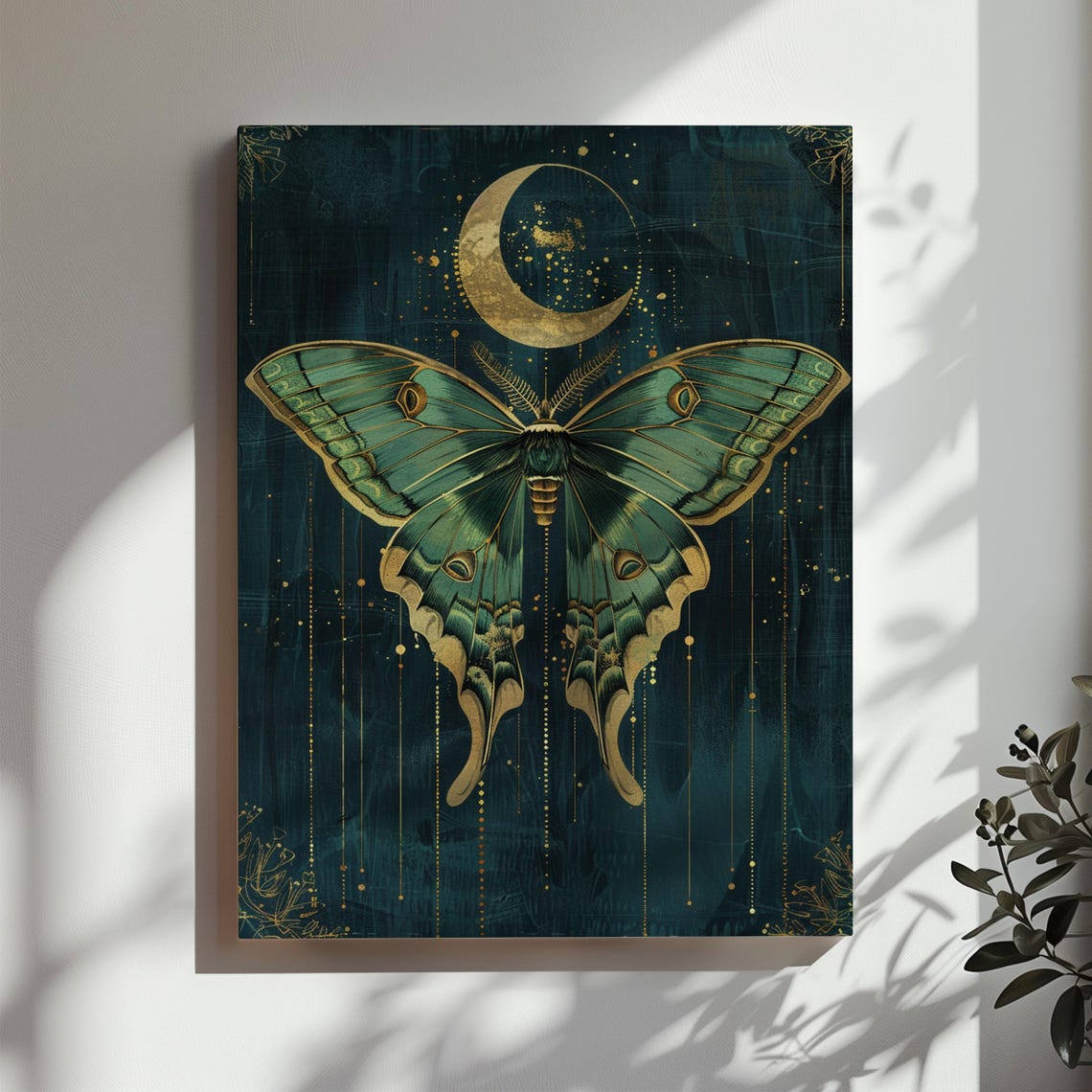Luna Moth Beneath Crescent Moon Dark Teal Gold Art Deco Wall Art - Image 3