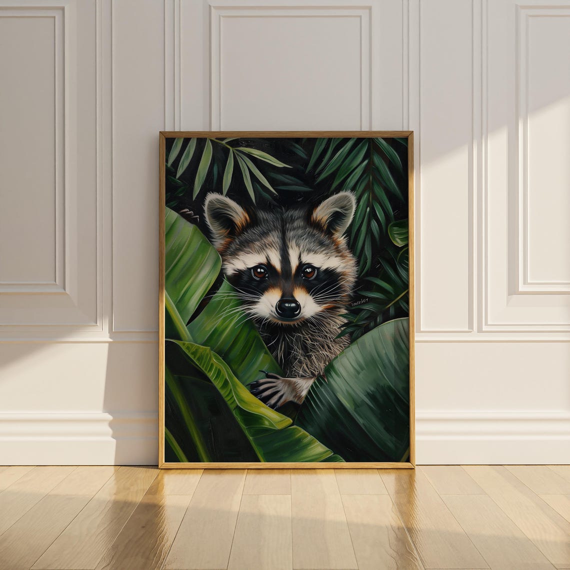 Raccoon Jungle Wall Decor Funny Raccoon Botanical Wall Art Tropical Plants Gift Idea Dark Green Bathroom Art - Image 3