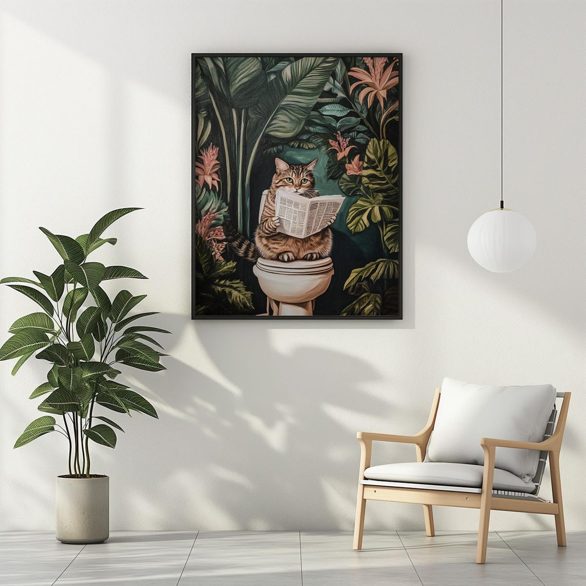 Curious Tabby Cat on Toilet With Newspaper Dark Botanical Poster - Image 3