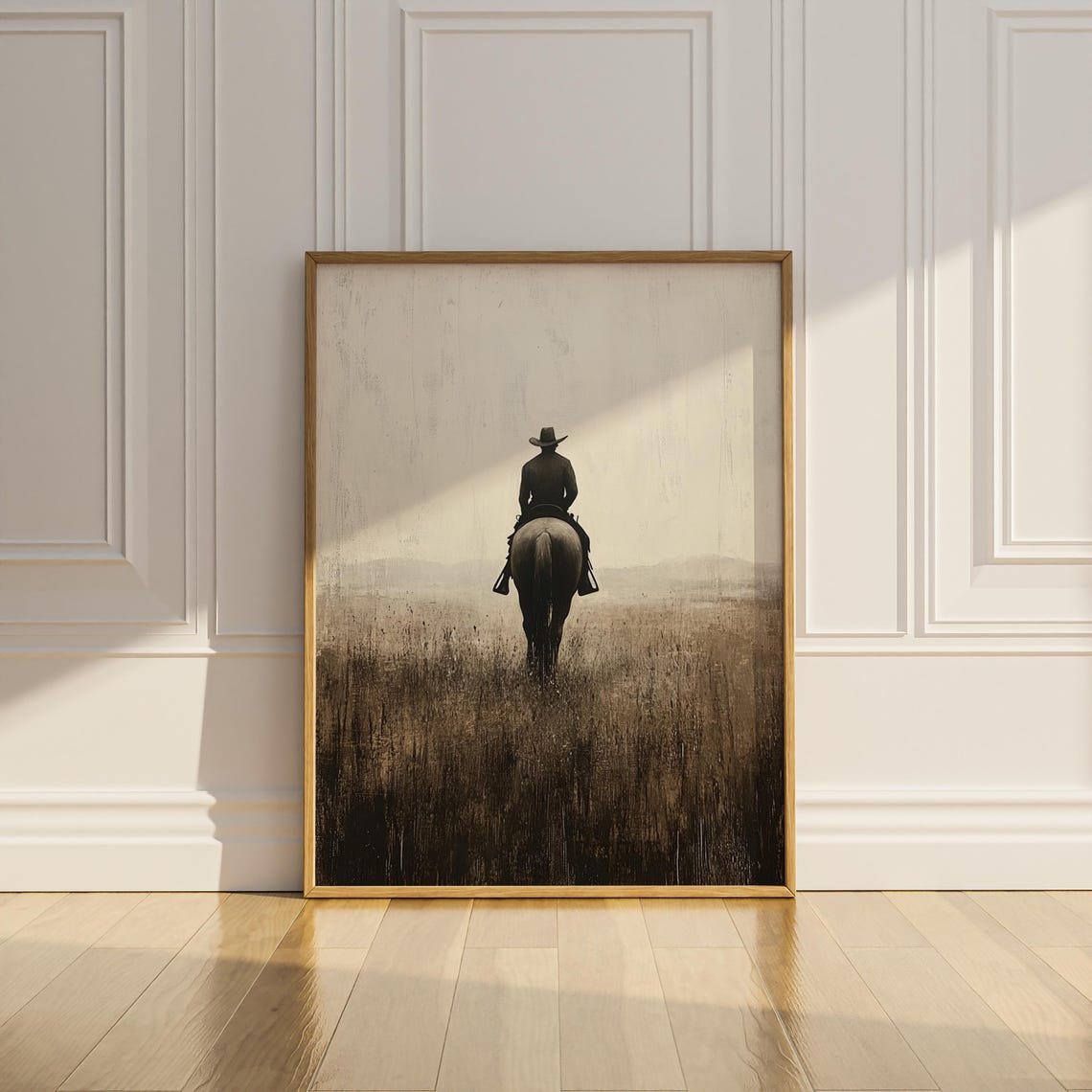 Lone Cowboy Riding Into Misty Morning Field Sepia Western Wall Art - Image 2