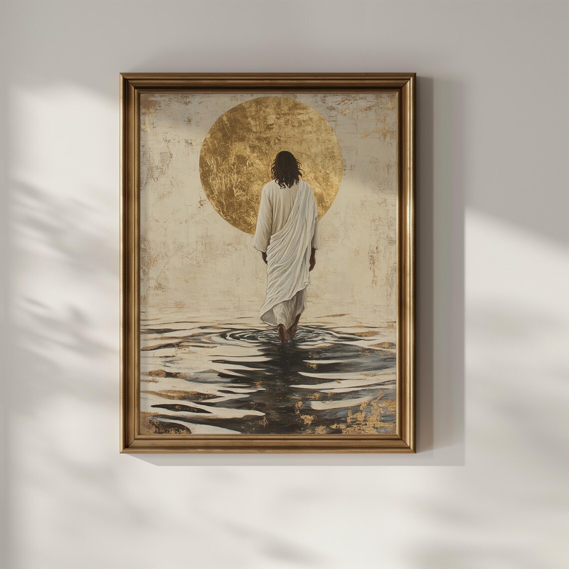 Jesus Walking toward Gold Sun on Water Minimalist Art Poster - Image 2