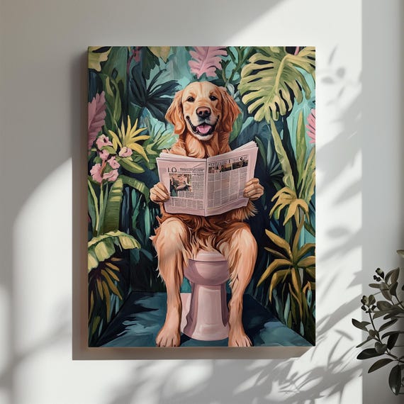 Golden Retriever Toilet Print Funny Dog Bathroom Wall Art Tropical Plants Green Bathroom Toilet Restroom Wall Art Matte