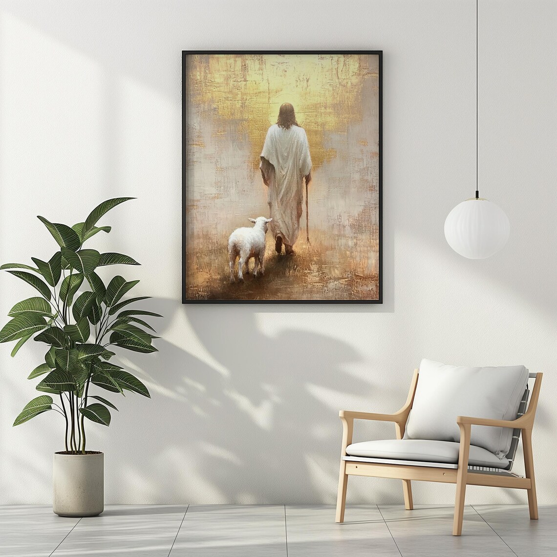 Jesus Walking with Little Lamb toward Glowing Golden Horizon Art Poster - Image 2