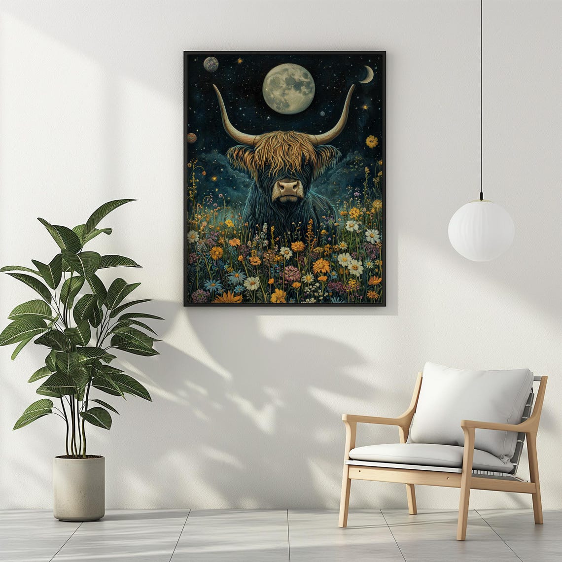 Highland Cow Wildflowers Poster Print Celestial Wall Art Western Wall Decor Floral Dark Moody Oil Painting Farm Animal Gift Matte Poster - Image 2