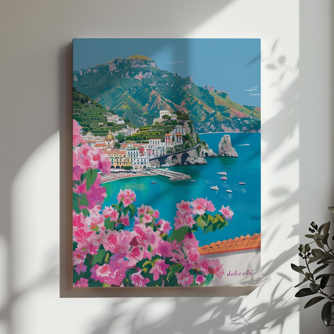 Amalfi Coast Dolce Vita Village Pink Flowers Turquoise Sea Poster - Image 3