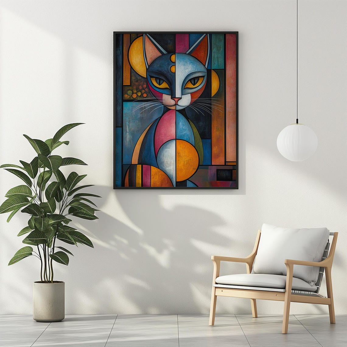 Bold Cubist Cat Face Portrait Blue Orange Pink Modern Art Poster - Image 3