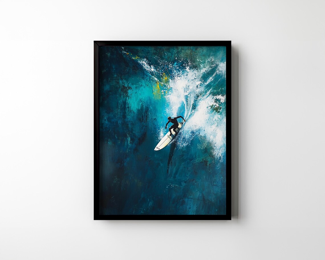 Surfer Riding Big Ocean Wave Teal Surf Art Painterly Beach Coastal Poster - Image 3