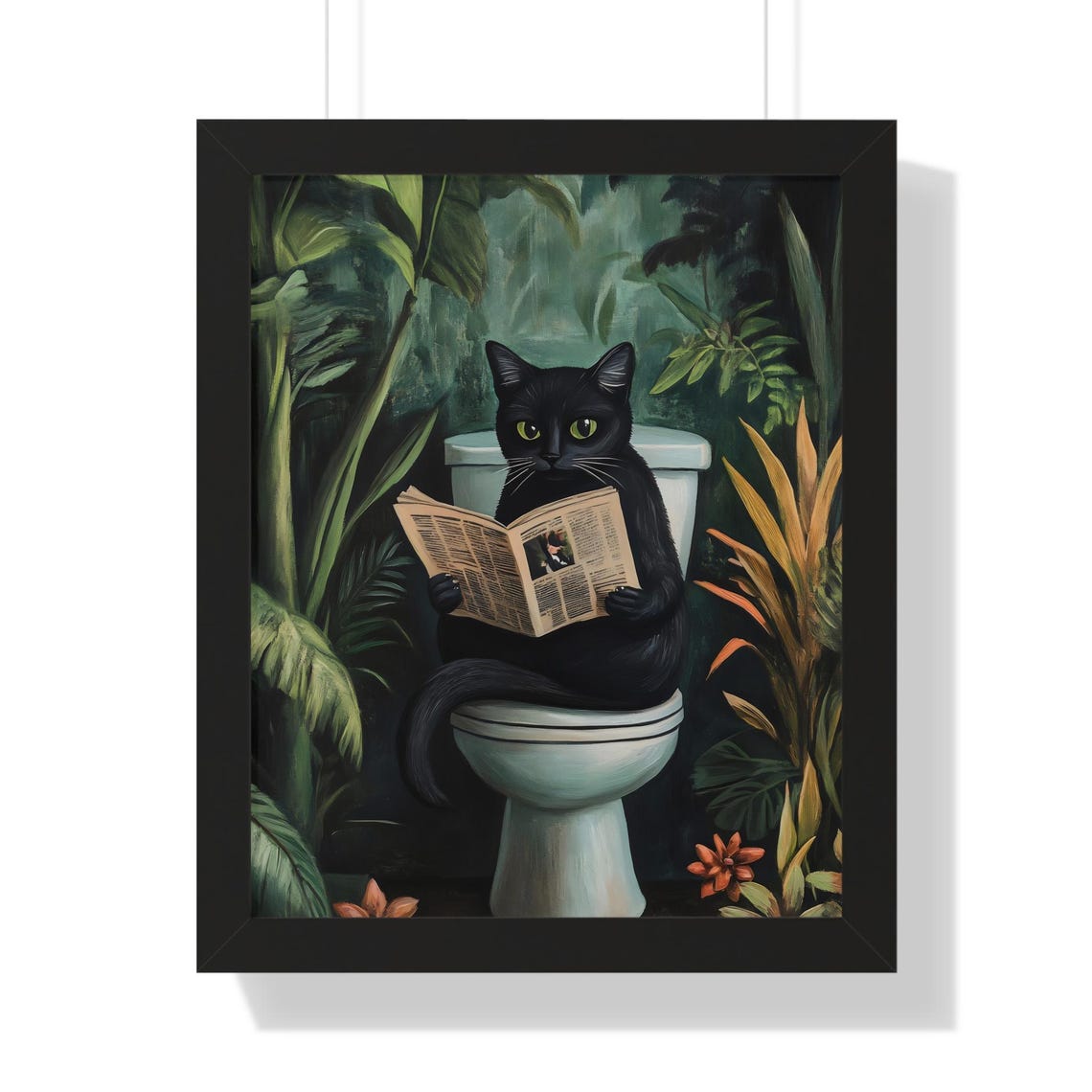 Black Cat on Toilet Reading Newspaper Moody Green Jungle Poster - Image 3
