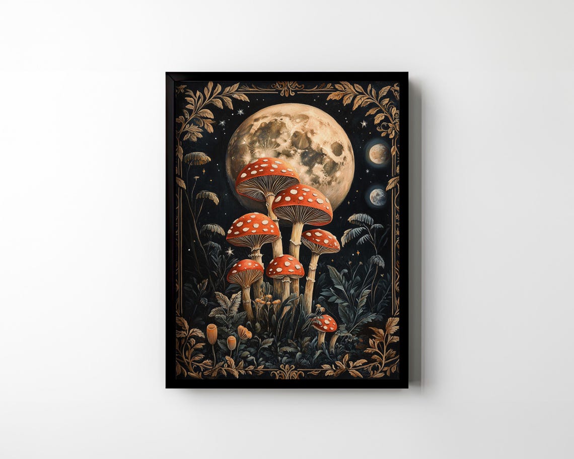 Celestial Mushrooms Full Moon Dark Academia Cottagecore Vintage Print - Image 2