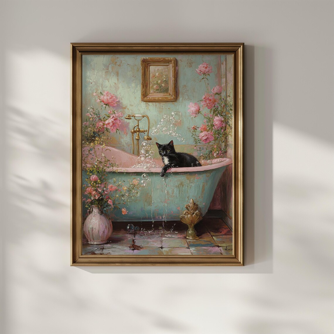 Cat in Bathtub, Funny Vintage Floral Art Print - Image 2