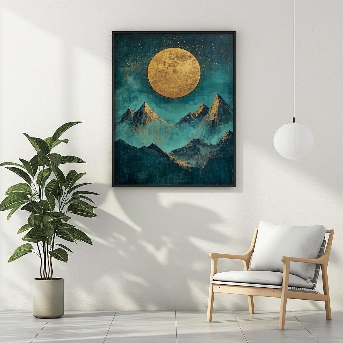Golden Full Moon Over Teal Mountain Peaks Moody Nature Wall Art - Image 3